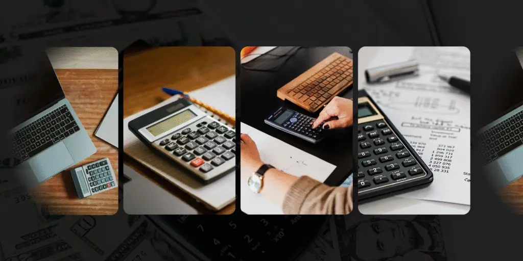 Banner compuesto por tres imágenes relacionadas con contabilidad: escritorio con laptop y calculadora, persona trabajando con documentos financieros y calculadora sobre papeles con cálculos.